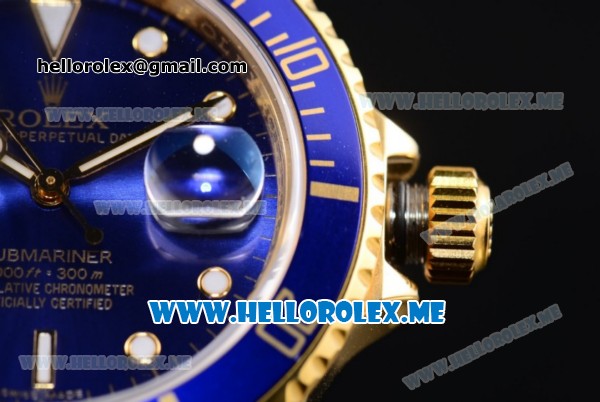 Rolex Submariner Clone Rolex 3135 Automatic Yellow Gold Case/Bracelet with Blue Dial and Dot Markers Blue Bezel (BP) - Click Image to Close